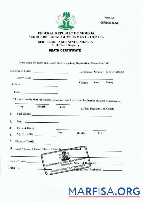 Blank Nigeria Sugulere local government council death certificate template
